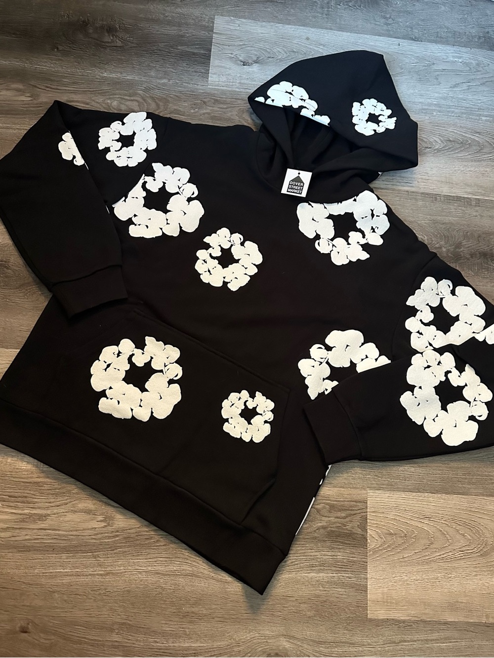 Black Denim Tear Hoodie Sweater with White Floral Clusters - Men’s